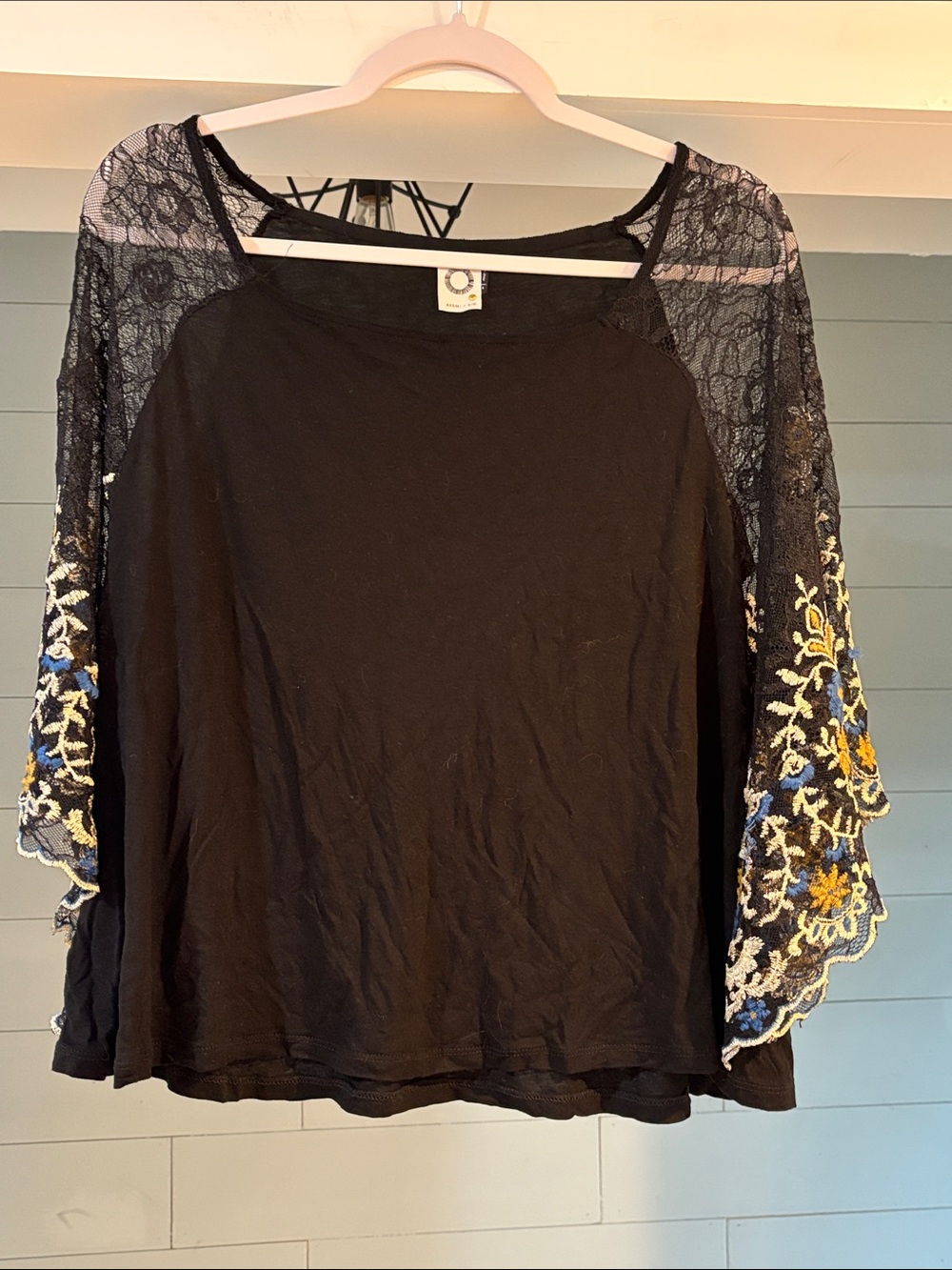 Akemi + Kin Anthropologie Black Lace-Sleeve Embroidered Blouse - Women's